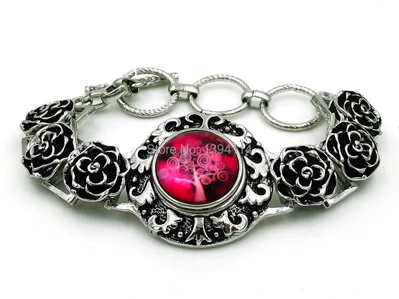 Peony Flower Bracelet with Mixed Pattern Button Zinc Alloy Buckle
