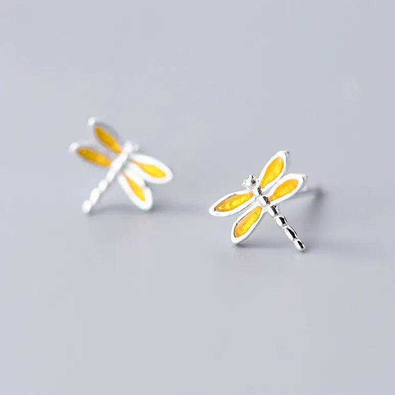 925 Silver Yellow Dragonfly Stud Earring for Women