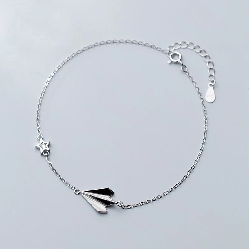 925 Silver Airplane Star Anklet Bracelet Women Link Chain Jewelry