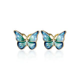 925 Silver Green Enamel Butterfly Stud Earrings for Women