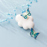 925 Silver Green Enamel Butterfly Stud Earrings for Women