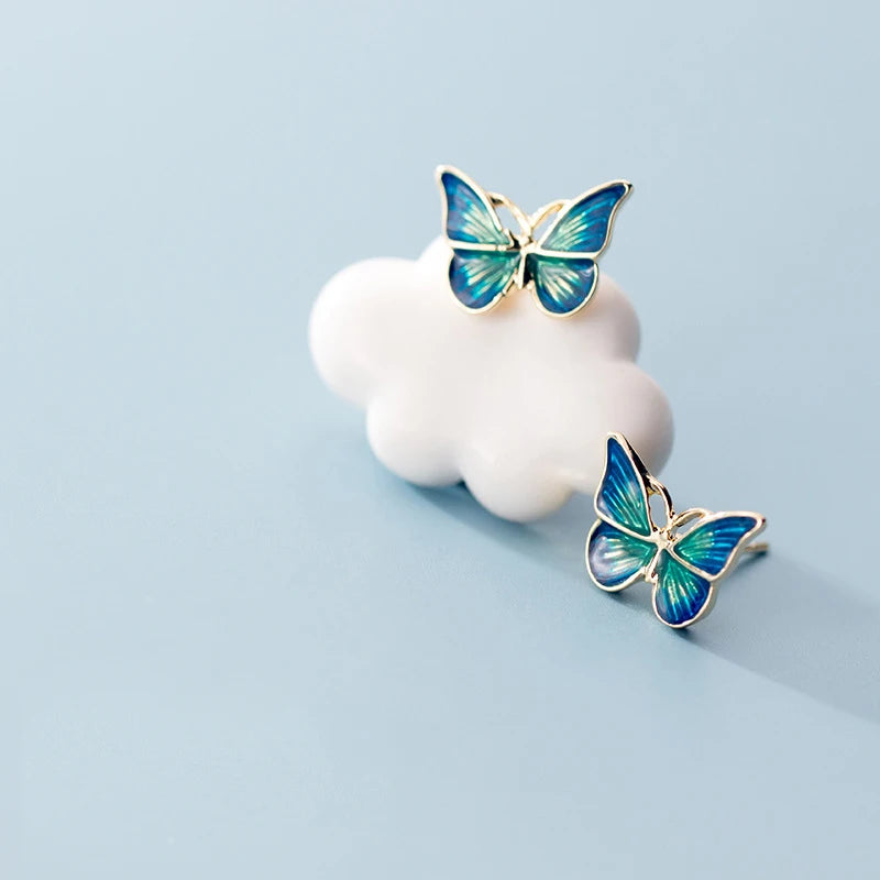 925 Silver Green Enamel Butterfly Stud Earrings for Women