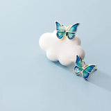 925 Silver Green Enamel Butterfly Stud Earrings for Women