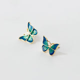 925 Silver Green Enamel Butterfly Stud Earrings for Women