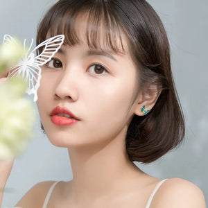 925 Silver Green Enamel Butterfly Stud Earrings for Women