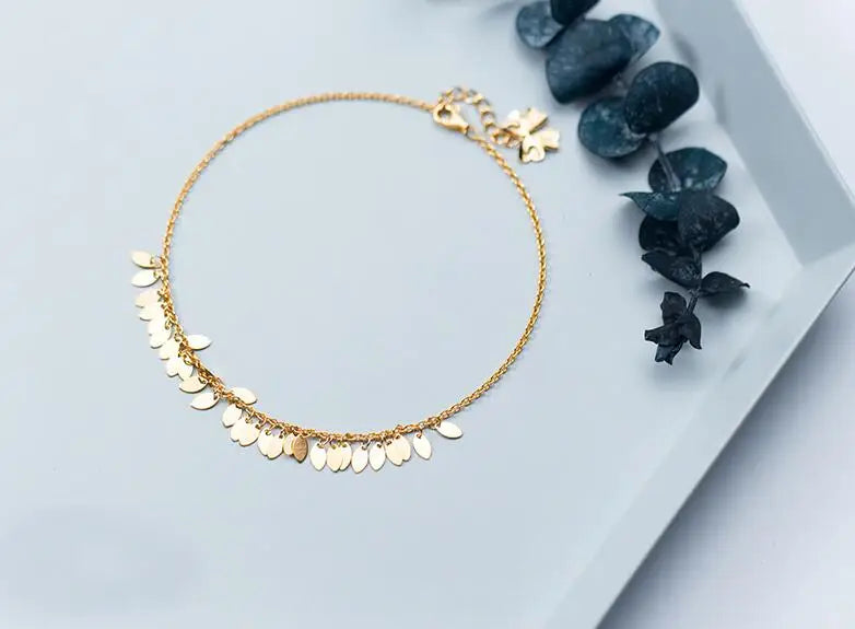 925 Silver Bracelet Oval Leaves Tassel Anklet Chain Gift Girls Lady