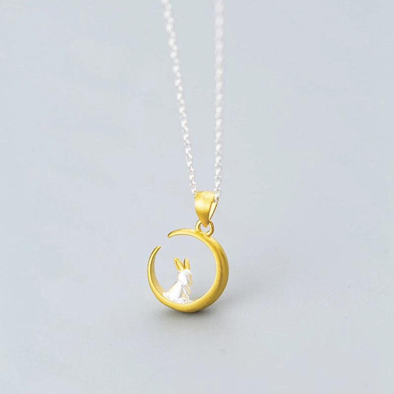 925 Silver Rabbit on Moon Crescent Necklace