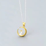 925 Silver Rabbit on Moon Crescent Necklace