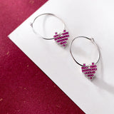 925 Silver Hoop Earrings Pink Heart Charm Women Jewelry
