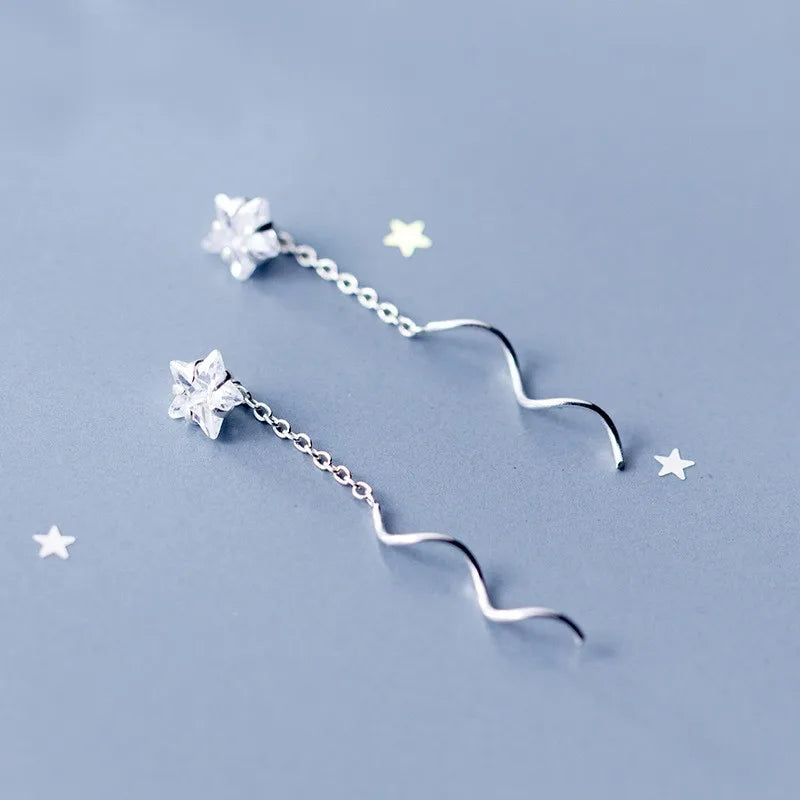 925 Sterling Silver CZ Star Dangle Earrings