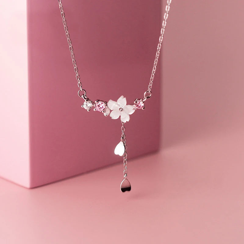 925 Silver Women Choker Necklace Shell Flower Pendant Heart Charm