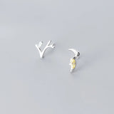 Real 925 Sterling Silver Branch & Bird Stud Earrings for Women Birthday
