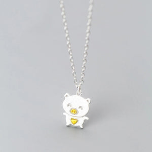 925 Silver Pig Pendant Necklace for Women Girls, Animal Short Chain