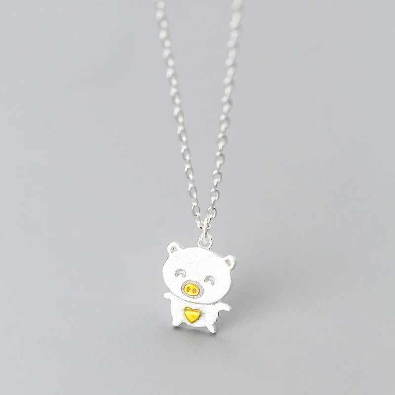 925 Silver Pig Pendant Necklace for Women Girls, Animal Short Chain
