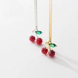925 Silver Red Crystal Cherry Pendant Necklace for Women Gift