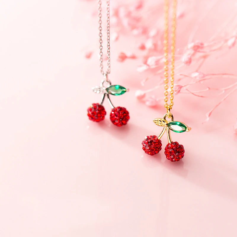 925 Silver Red Crystal Cherry Pendant Necklace for Women Gift