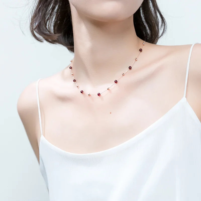Real 925 Silver Red Garnet Stone Bead Chain Necklace for Women