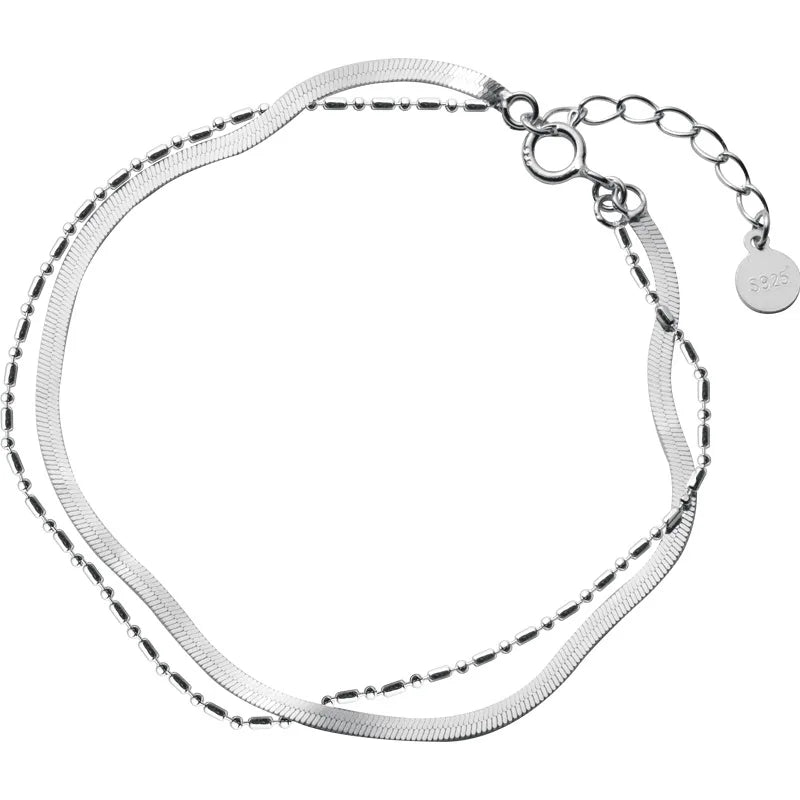 925 Silver Snake Chain Bracelet Double Layers Bead Chain