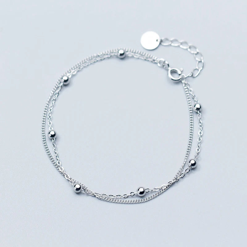 MloveAcc 925 Sterling Silver Beaded Bracelet Double Layer Link Chain Bracelets