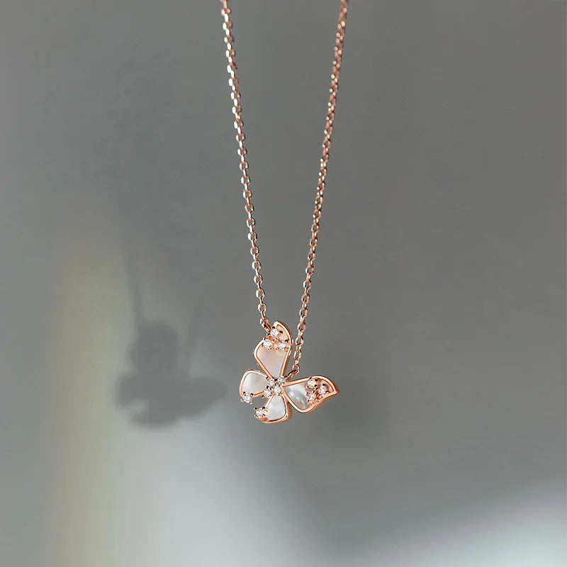 925 Silver Crystal Shell Butterfly Charm Necklace Choker for Women