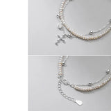 MloveAcc 925 Silver Double Layer Cross Pearl Bracelet for Women