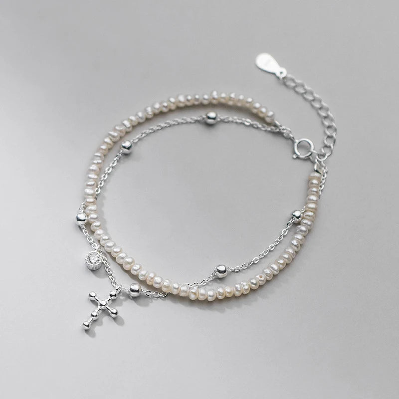 MloveAcc 925 Silver Double Layer Cross Pearl Bracelet for Women