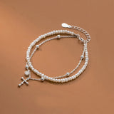 MloveAcc 925 Silver Double Layer Cross Pearl Bracelet for Women