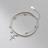 MloveAcc 925 Silver Double Layer Cross Pearl Bracelet for Women