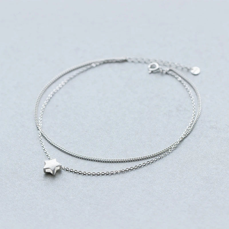 925 Silver Anklet Chain Star Charm Double Layer Foot Jewelry