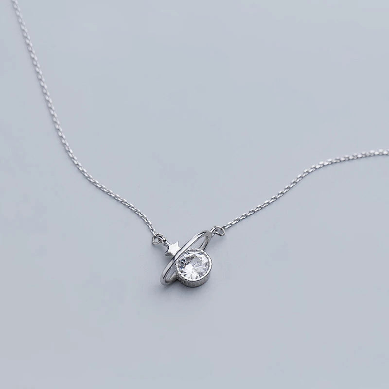 Galaxy Series Clear CZ Planet Pendant Necklace for Women