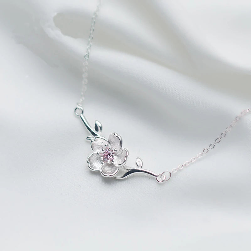 MloveAcc 925 Silver Peach Blossom Necklace Pink Zircon Pendant