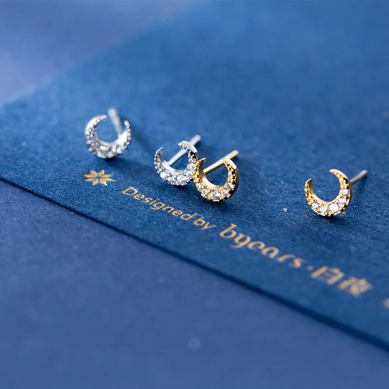 925 Silver Mini Moon Stud Earrings Zircon Women Gift