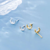 925 Silver Mini Moon Stud Earrings Zircon Women Gift