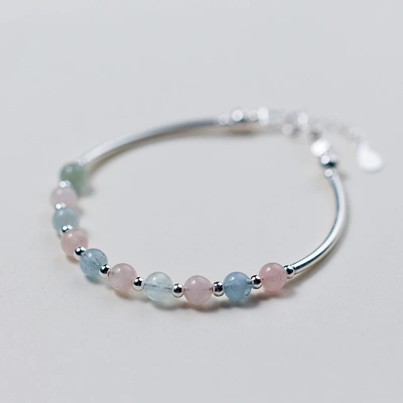 MloveAcc 925 Silver Morganite Stone Beads Charm Bracelets for Women Girls