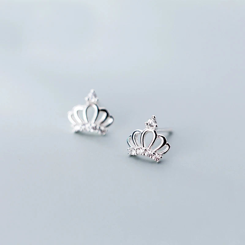 925 Silver Crown CZ Stud Earrings for Women Girl Silver Jewelry