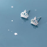 925 Silver Crown CZ Stud Earrings for Women Girl Silver Jewelry