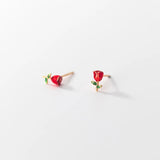 925 Silver Red Rose Stud Earrings Love Gift for Girl Wife