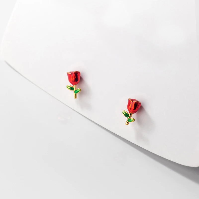 925 Silver Red Rose Stud Earrings Love Gift for Girl Wife