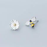 MloveAcc 925 Silver Enamel Bee Flower Stud Earrings