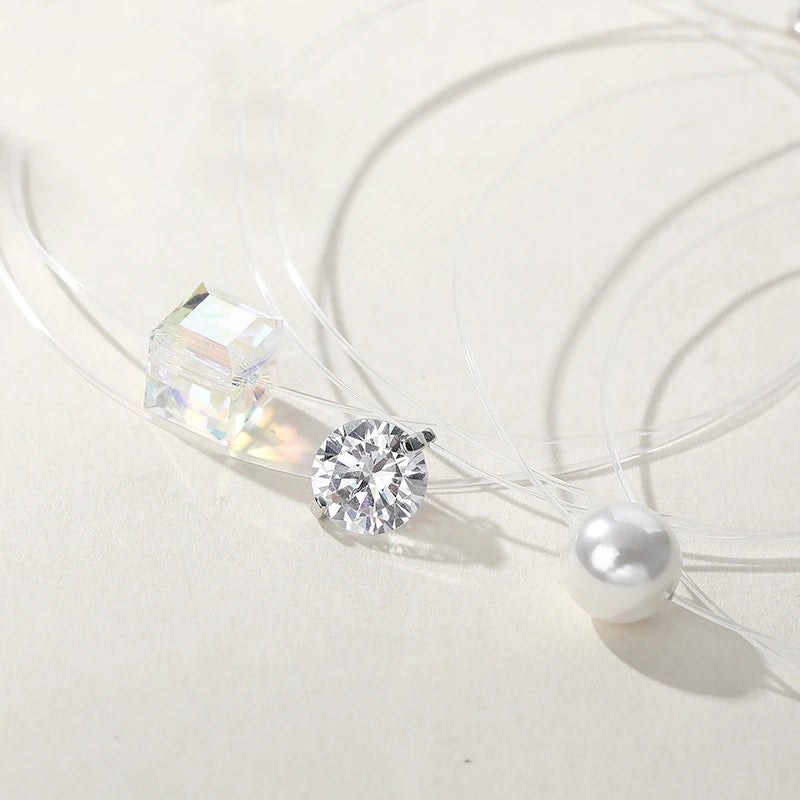 925 Silver Zircon Crystal Pearl Choker Necklace