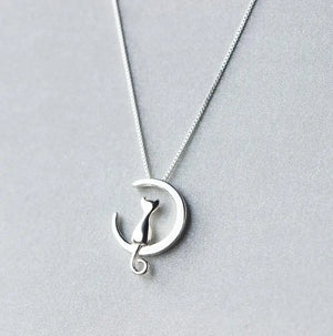 925 Silver Cat Moon Necklace Meditation Women Jewelry Gift