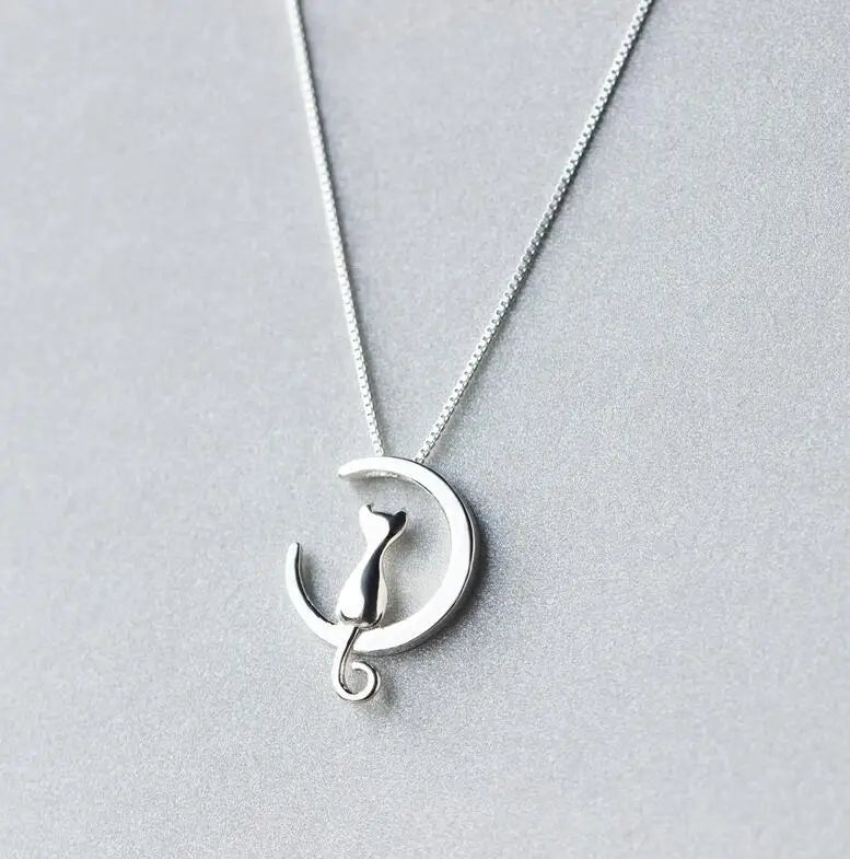 925 Silver Cat Moon Necklace Meditation Women Jewelry Gift