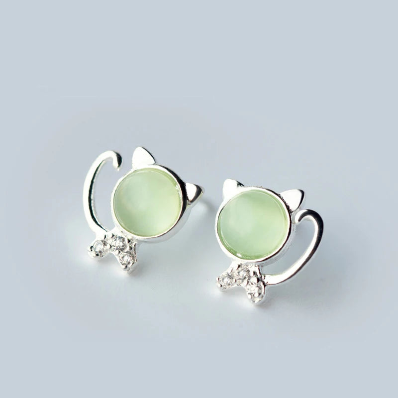 925 Silver Cat Pussy Stud Earrings Clear CZ Women Girls Silver Earrings