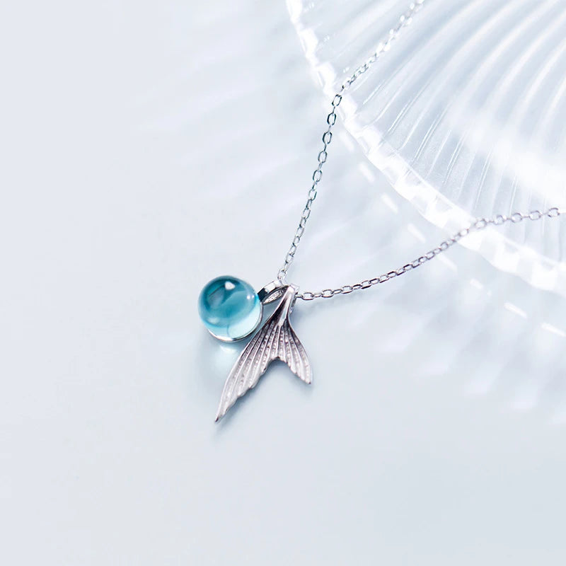 MloveAcc Sterling Silver Mermaid Tail Pendant Necklace Crystal Tears Bubble