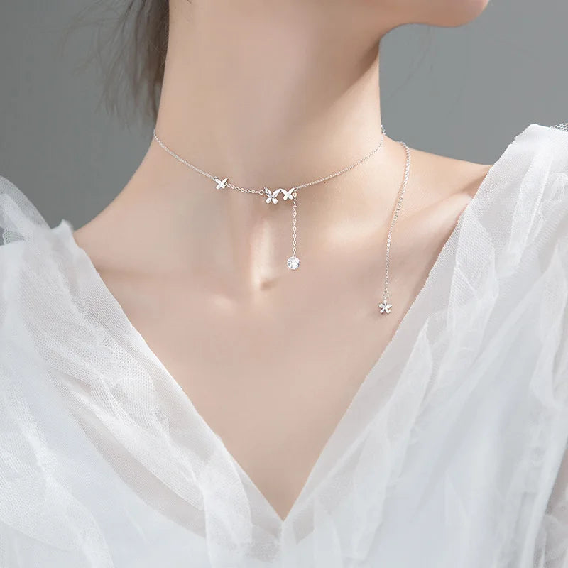 MloveAcc Dancing Butterfly Tassel Zirconia 925 Silver Choker Necklace