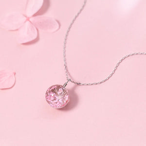 MloveAcc Cherry Blossoms Real Flower Glass 925 Sterling Silver Pendant Necklace