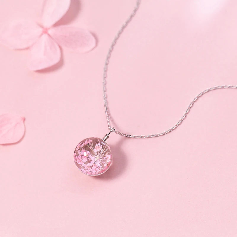 MloveAcc Cherry Blossoms Real Flower Glass 925 Sterling Silver Pendant Necklace