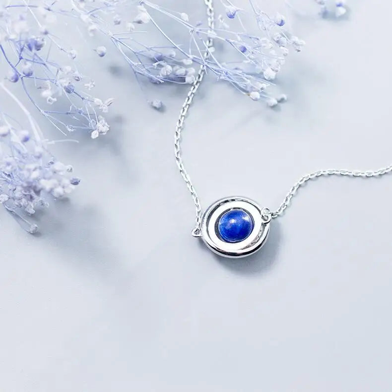 MloveAcc 925 Silver Necklace Double Circles Pendant Long Chain Stone Bead