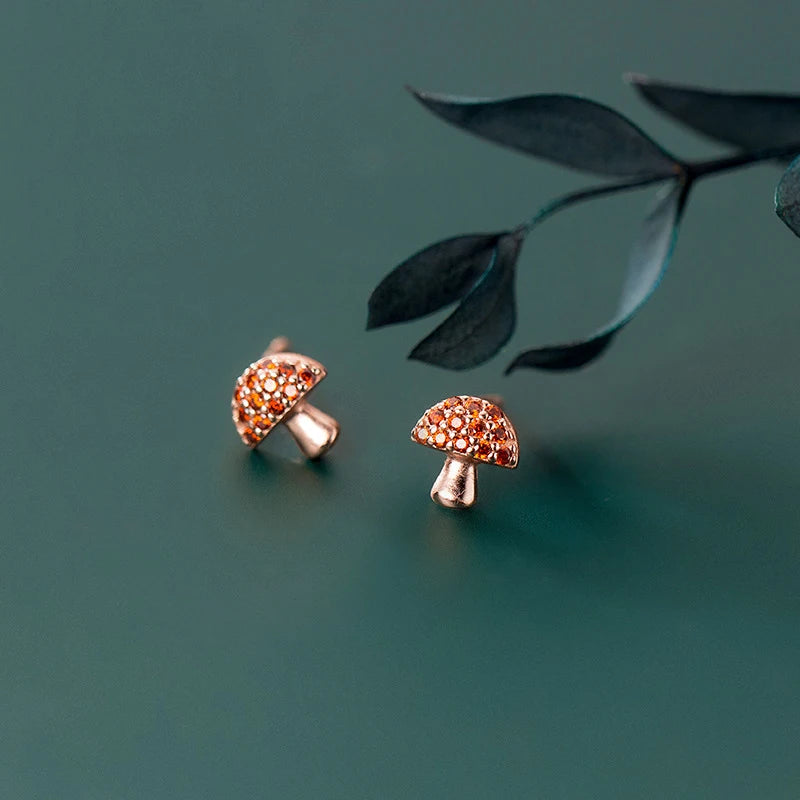 MloveAcc 925 Silver Stud Earrings Women CZ Mushroom Small Earing