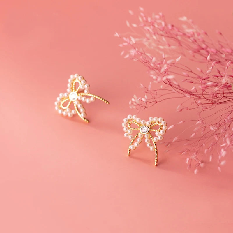 925 Sterling Silver CZ Bowknot Pearl Stud Earrings Women Birthday Gift